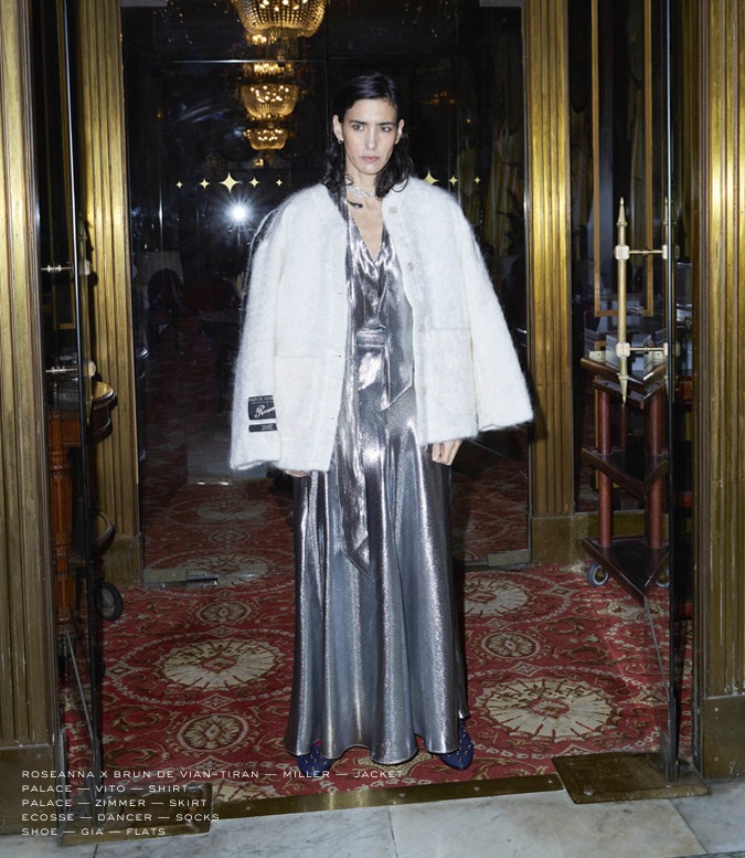 ROSEANNA silver set with off-white Miller coat and Gia ballerinas