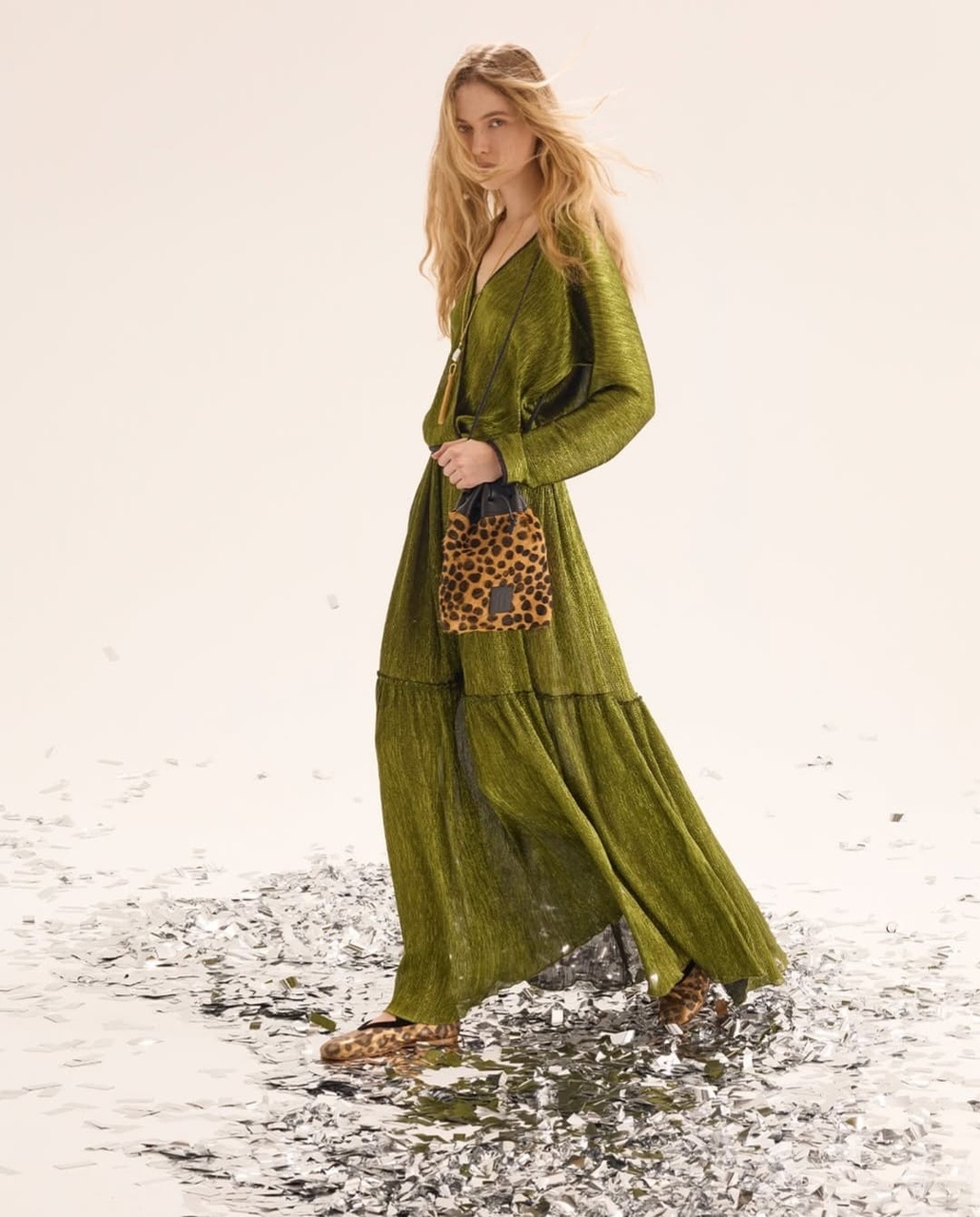 FORTE FORTE emerald lamé co-ord with dotted bucket bag and ballet flats
