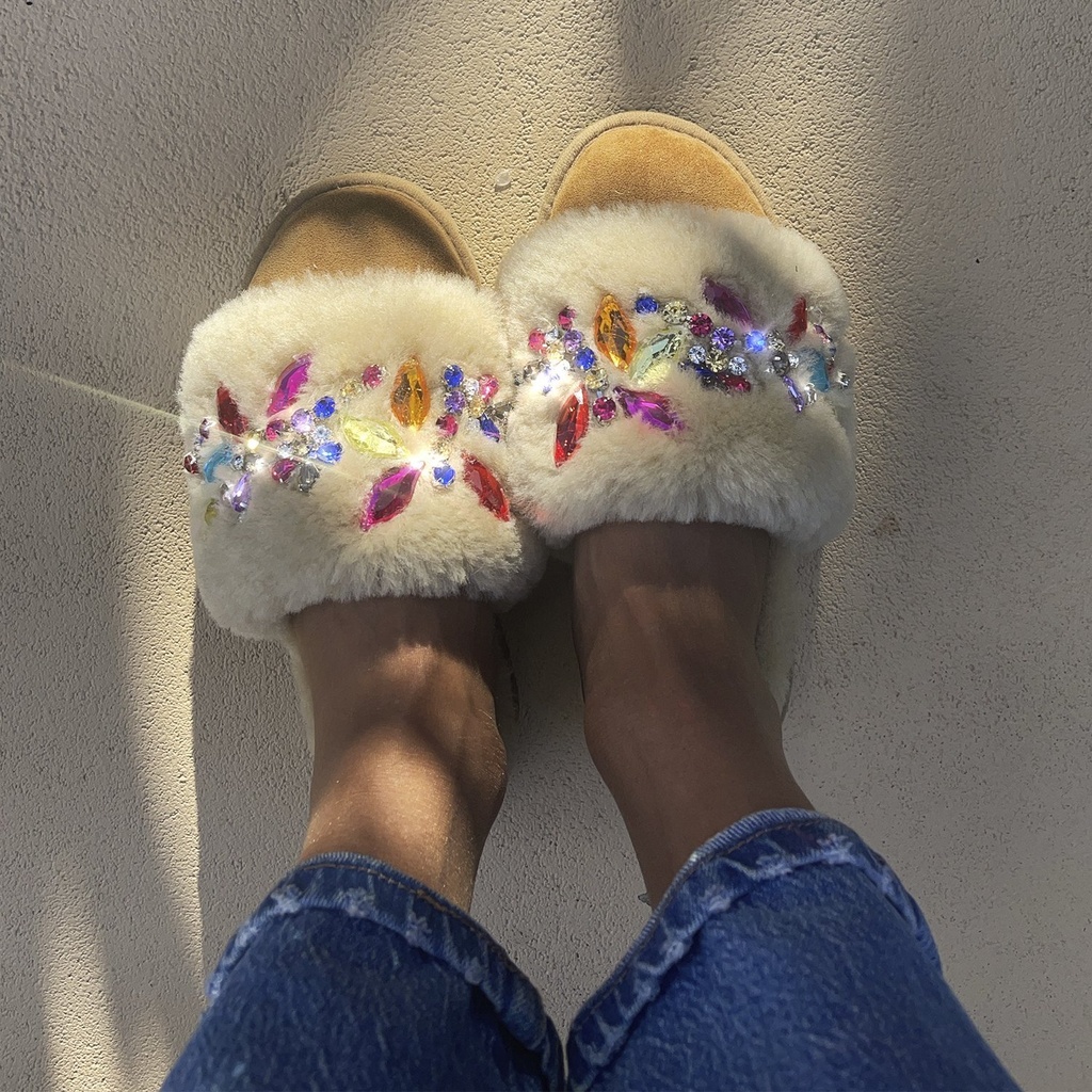 CRYSTAL TAN SHEARLING MULES LIMITED EDITION - ALAMEDA TURQUESA