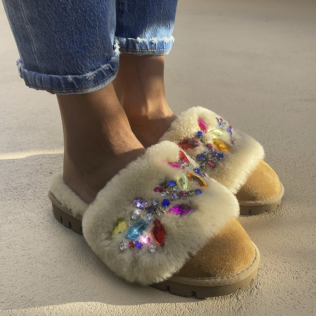 CRYSTAL TAN SHEARLING MULES LIMITED EDITION - ALAMEDA TURQUESA