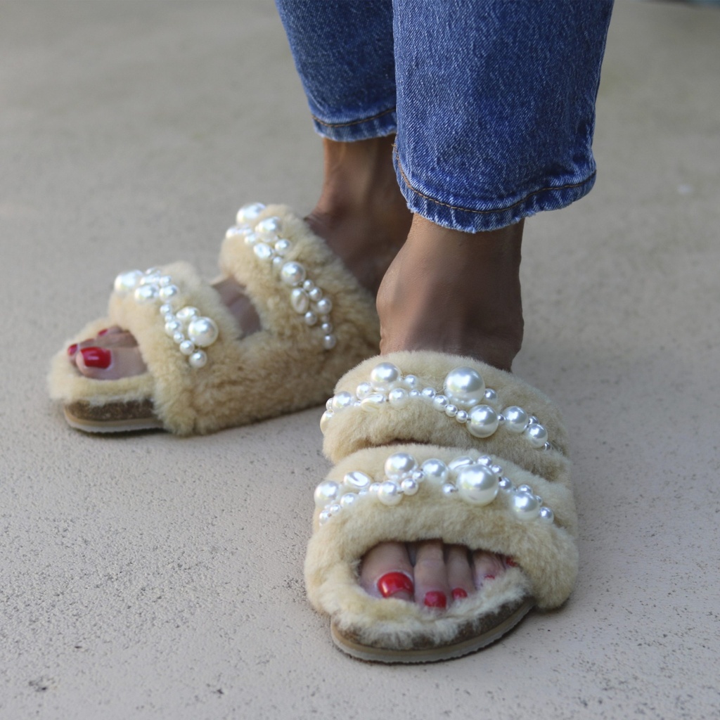 MIMI PEARLS SHEARLING SANDALS - ALAMEDA TURQUESA
