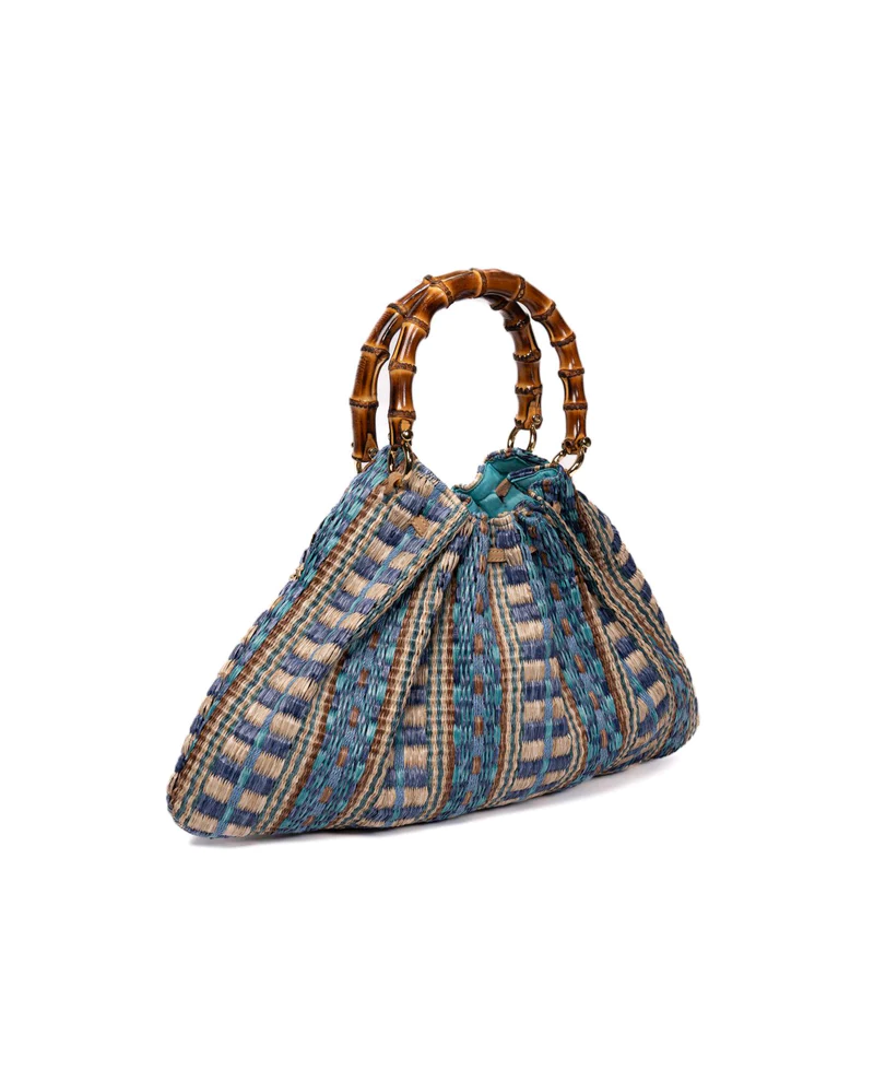 Caterina Raffia Bamboo Bag Aztec Pattern Azure - BIDINIS BAGS