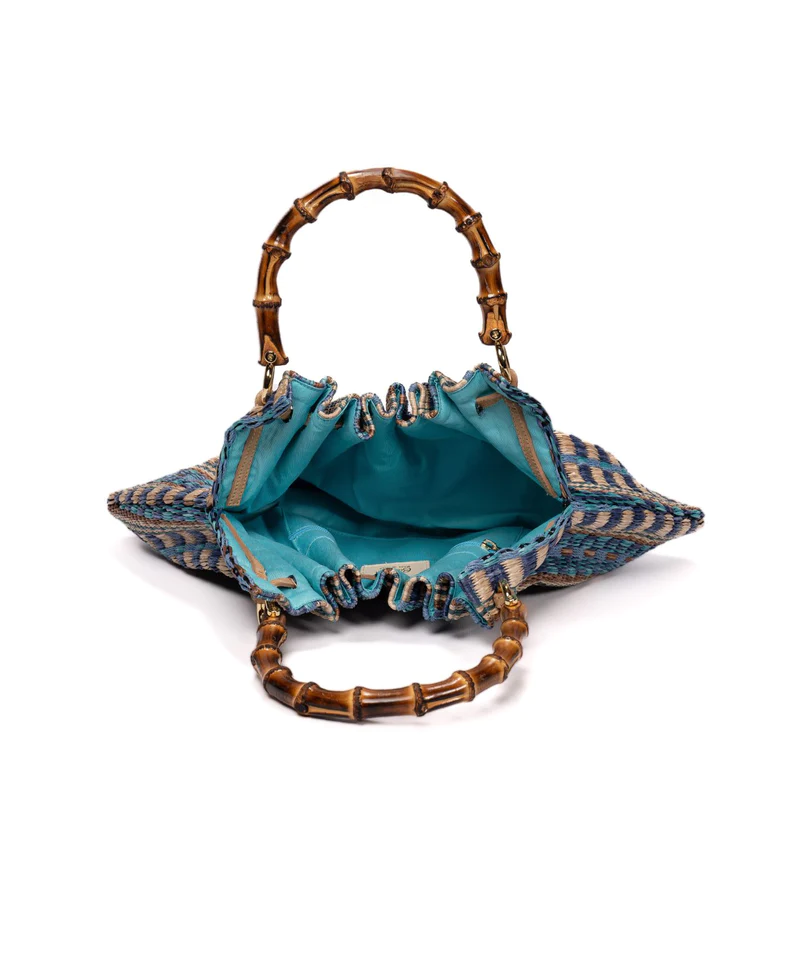Caterina Raffia Bamboo Bag Aztec Pattern Azure - BIDINIS BAGS