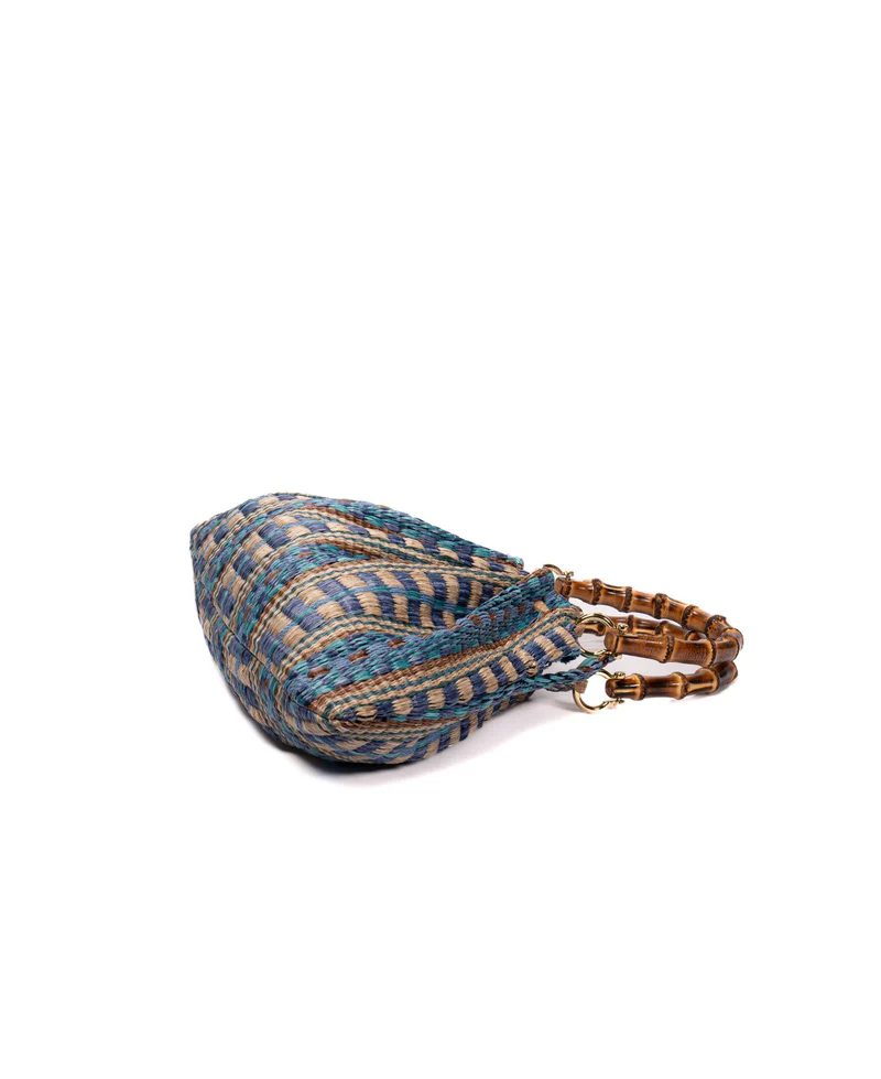 Caterina Raffia Bamboo Bag Aztec Pattern Azure - BIDINIS BAGS