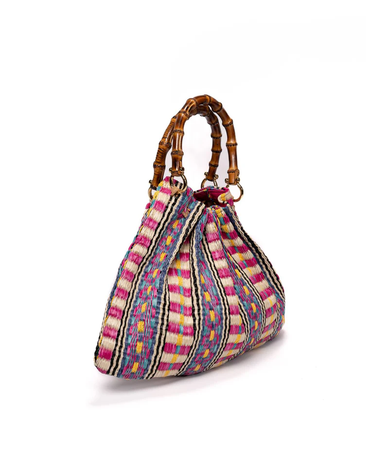 Caterina Raffia Bamboo Bag Aztec Pattern Hot Pink - BIDINIS BAGS