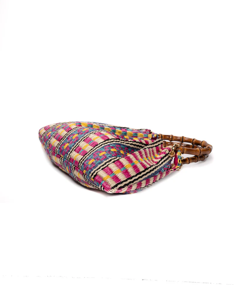 Caterina Raffia Bamboo Bag Aztec Pattern Hot Pink - BIDINIS BAGS