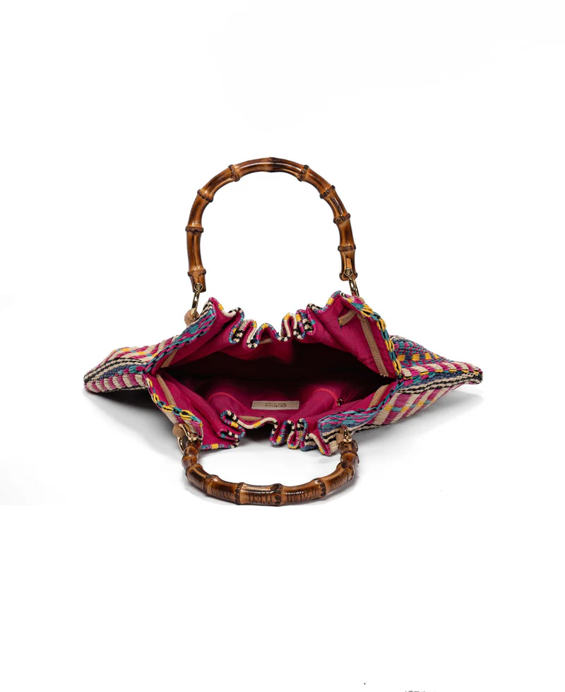 Caterina Raffia Bamboo Bag Aztec Pattern Hot Pink - BIDINIS BAGS