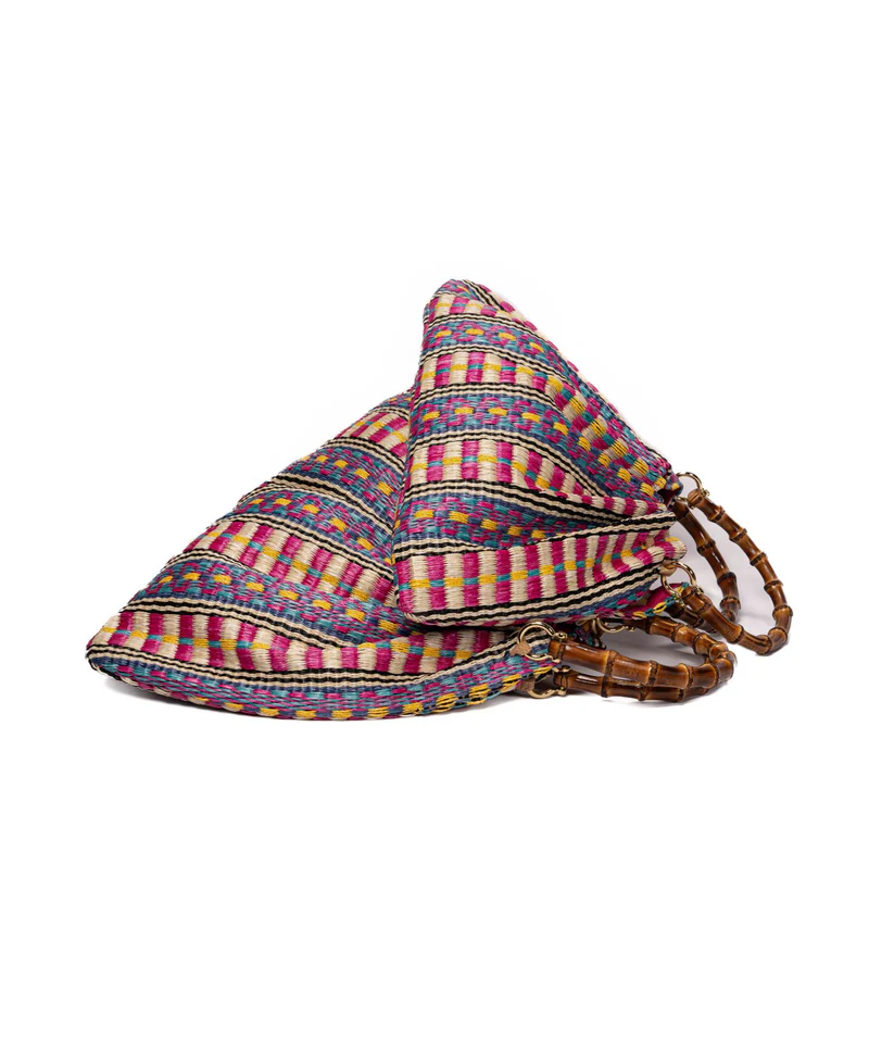 Caterina Raffia Bamboo Bag Aztec Pattern Hot Pink - BIDINIS BAGS