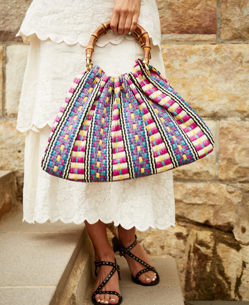 Caterina Raffia Bamboo Bag Aztec Pattern Hot Pink - BIDINIS BAGS
