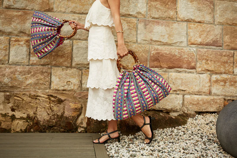 Caterina Raffia Bamboo Bag Aztec Pattern Hot Pink - BIDINIS BAGS