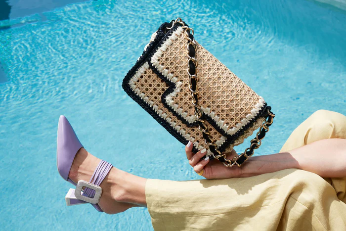 Ginevra Raffia Bag in Black and Off-White - Large