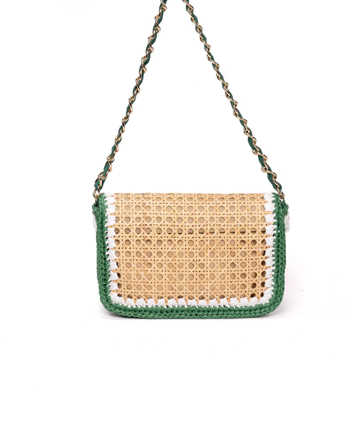 Ginevra Raffia Bag in Green and White - Small 