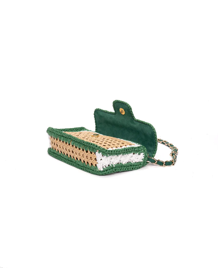 Ginevra Raffia Bag in Green and White - Small 