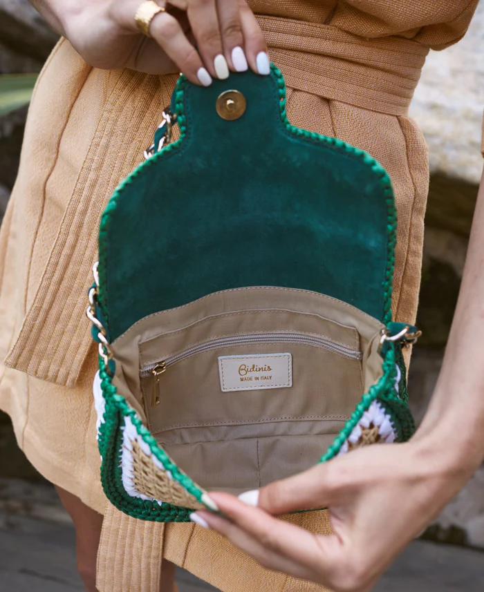 Ginevra Raffia Bag in Green and White - Small 