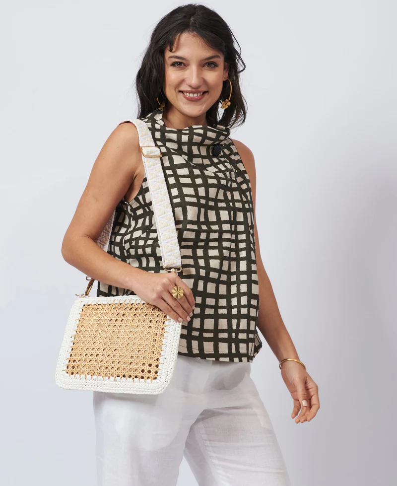 Luisa Rattan and Raffia Bag - Crossbody and Clutch - White - BIDINIS BAGS 