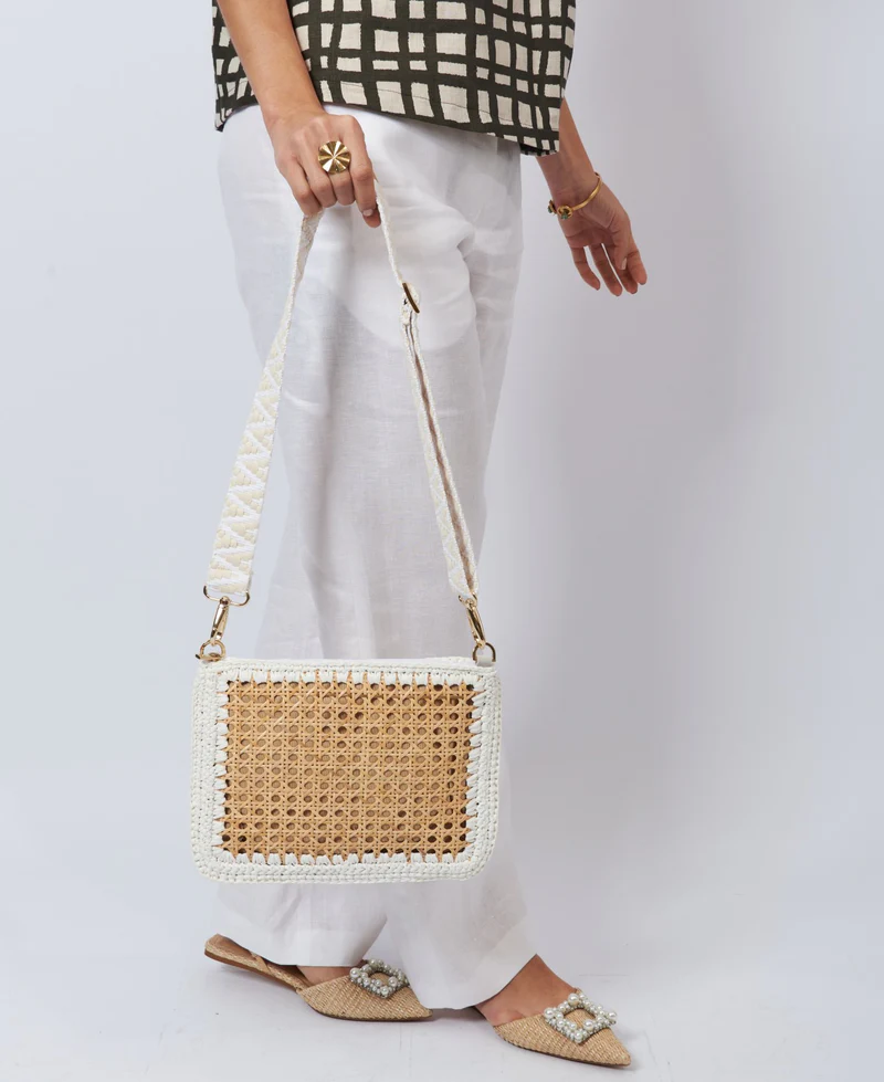 Luisa Rattan and Raffia Bag - Crossbody and Clutch - White - BIDINIS BAGS 