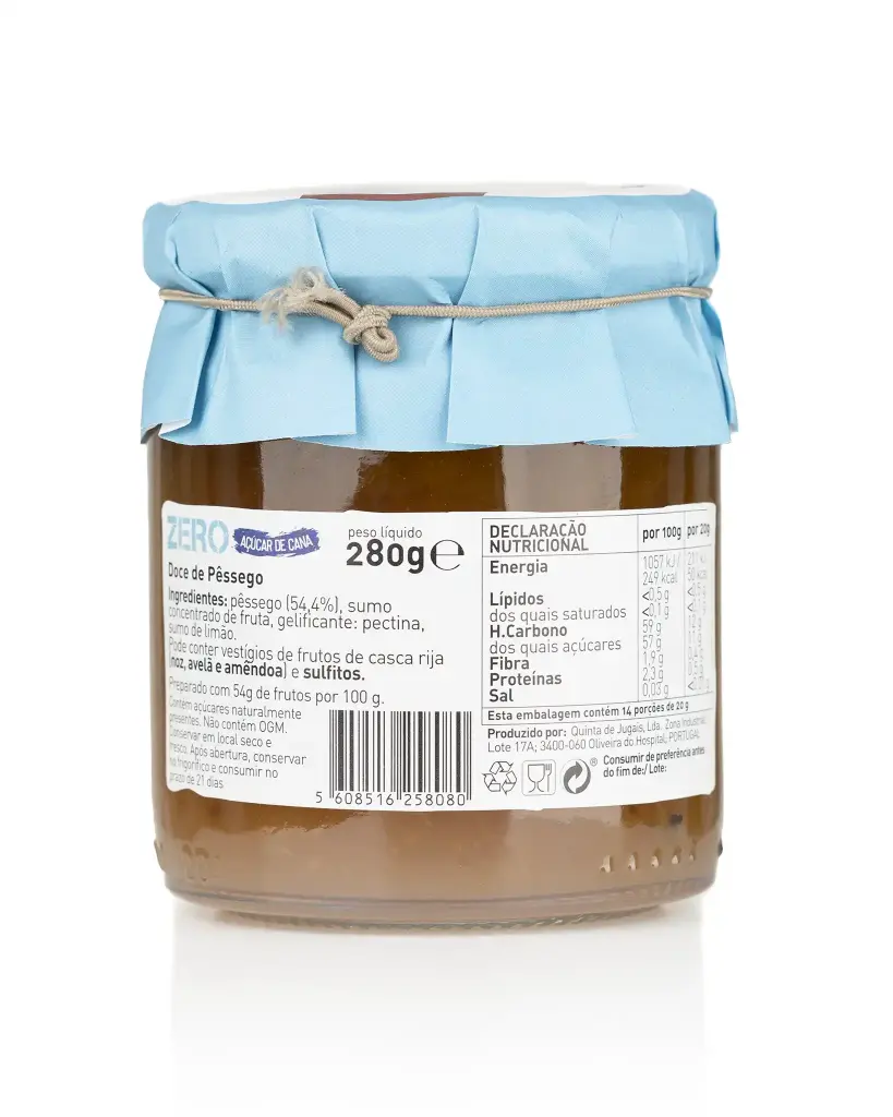 Zero Sugar Peach Jam 280g - Quinta de Jugais 