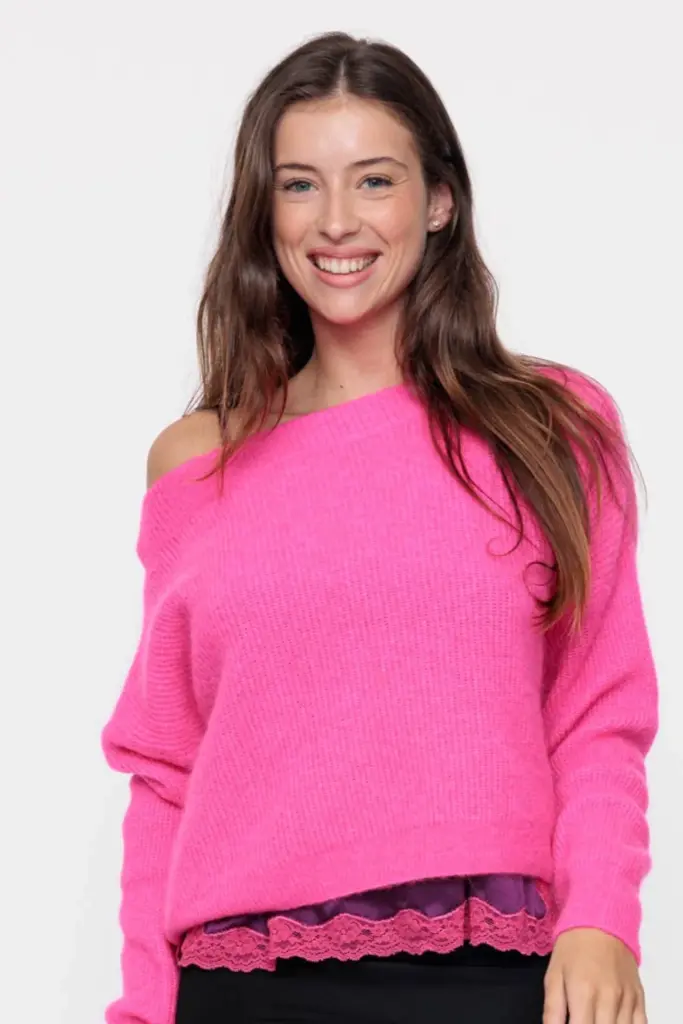 Knitted sweater with boat neck and long sleeves Neon Pink - VANNINA VESPERINI