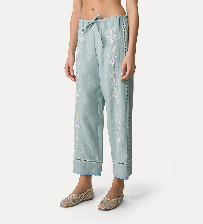FORTE FORTE - Oniric Blossom Embroidery Linen Drawstring Pants