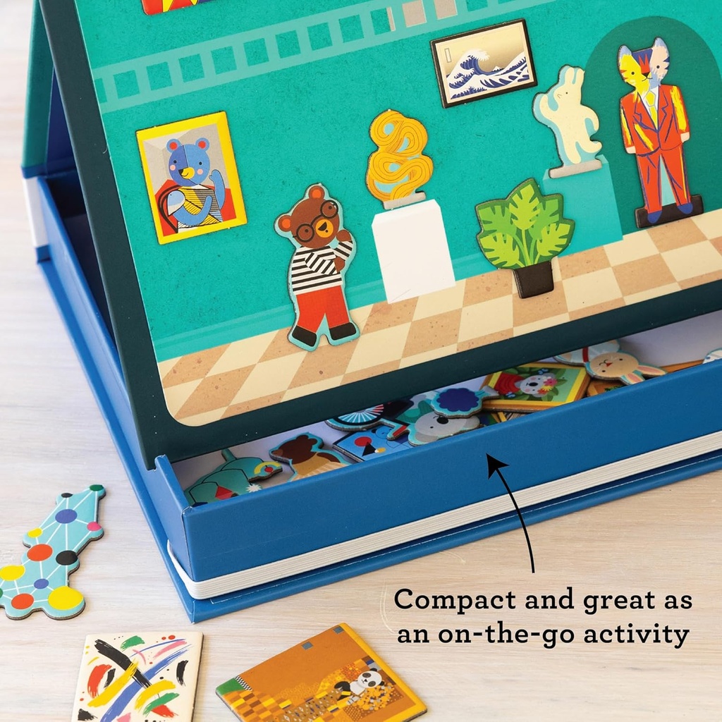 Petit Collage: My Museum Magnetic Play Scene - Fill The Museum with Iconic Art Pieces and Take Your Animal Friends on a Tour- Includes 2 Play Scenes and Over 40 Play Pieces - Great Travel Activity