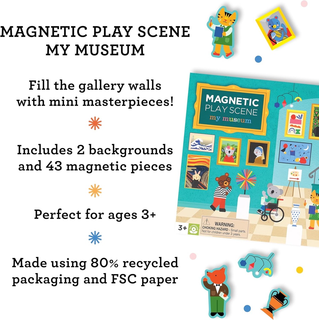 Petit Collage: My Museum Magnetic Play Scene - Fill The Museum with Iconic Art Pieces and Take Your Animal Friends on a Tour- Includes 2 Play Scenes and Over 40 Play Pieces - Great Travel Activity