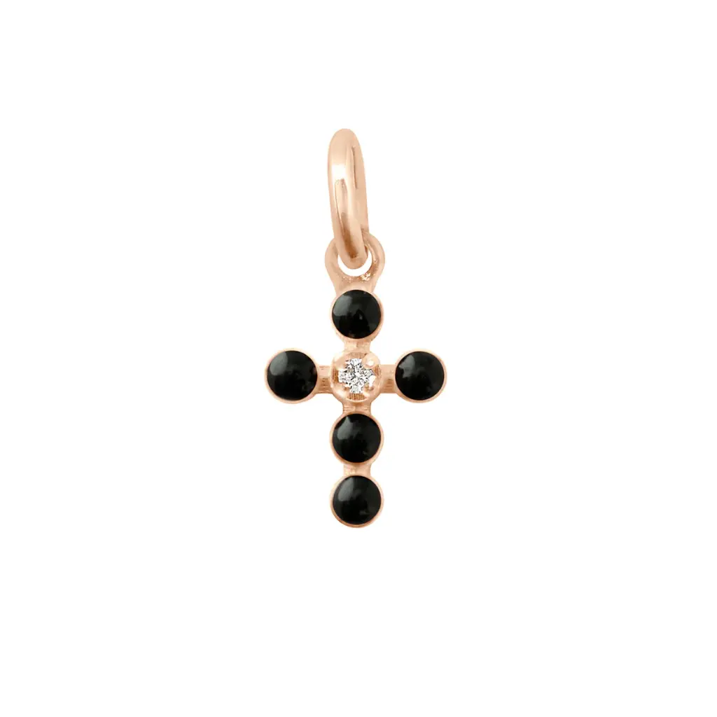 [B5CP001R20 XX DI] Pearled Diamond BLACK Cross Pendant 18ct Rose Gold - GIGI CLOZEAU