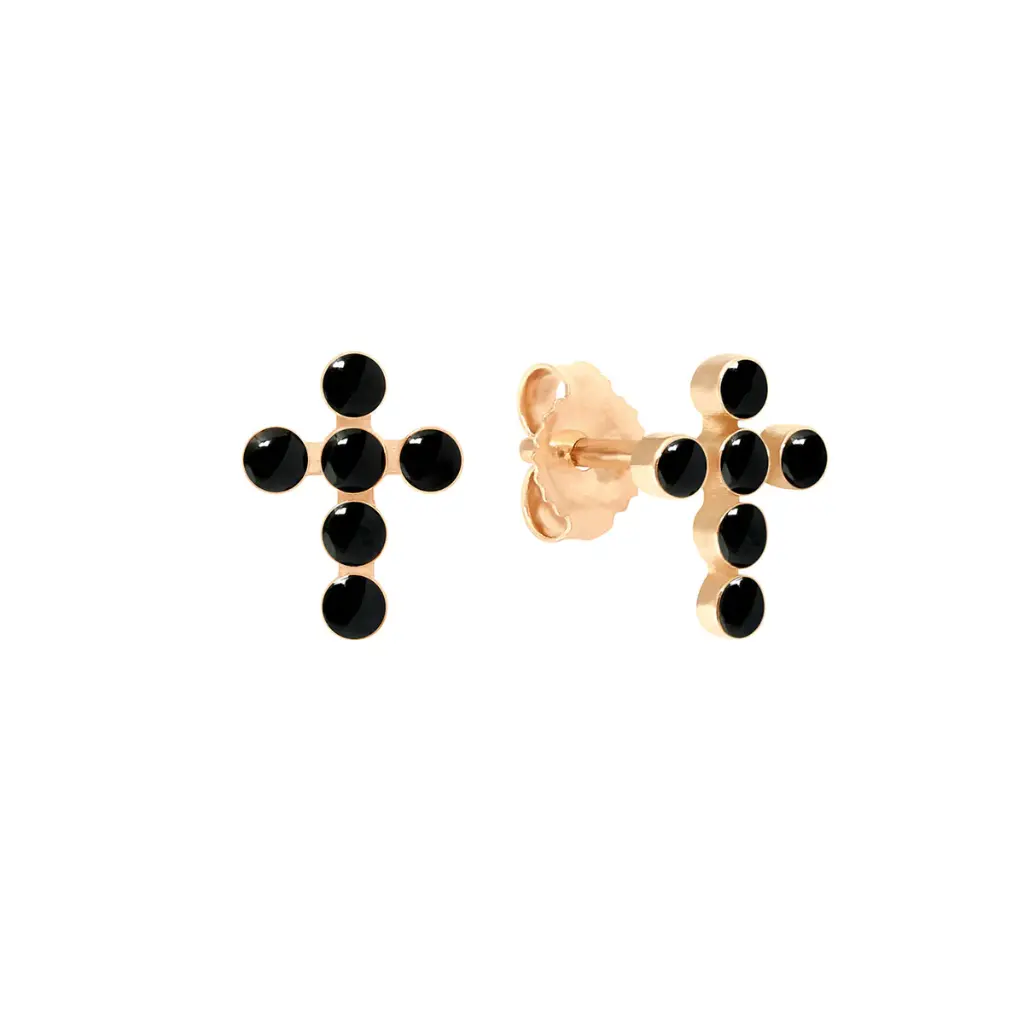 Pearled BLACK Cross Earrings 18ct Rose Gold - GIGI CLOZEAU