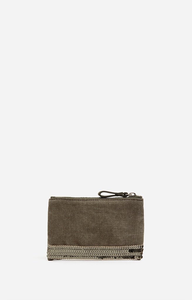 VANESSA BRUNO - Zipped Cluth Small Kaki - Canvas & Sequins 