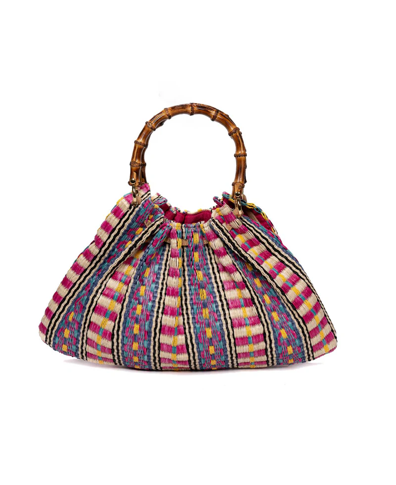 Caterina Raffia Bamboo Bag Aztec Pattern Hot Pink -BIDINIS BAGS 
