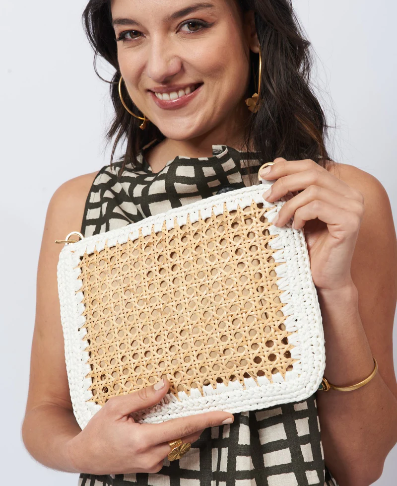 BIDINIS BAGS - Luisa Rattan and Raffia Bag - Crossbody and Clutch - White 