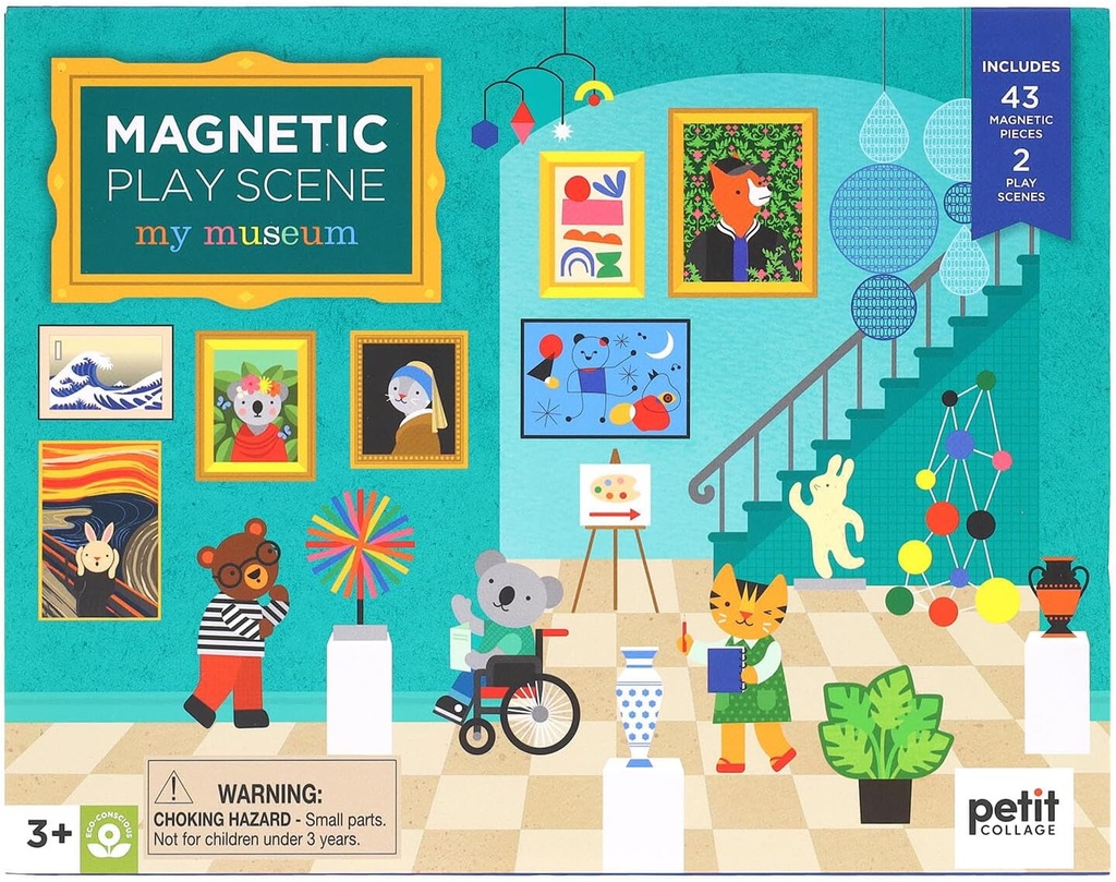 Petit Collage: My Museum Magnetic Play Scene - Fill The Museum with Iconic Art Pieces and Take Your Animal Friends on a Tour- Includes 2 Play Scenes and Over 40 Play Pieces - Great Travel Activity