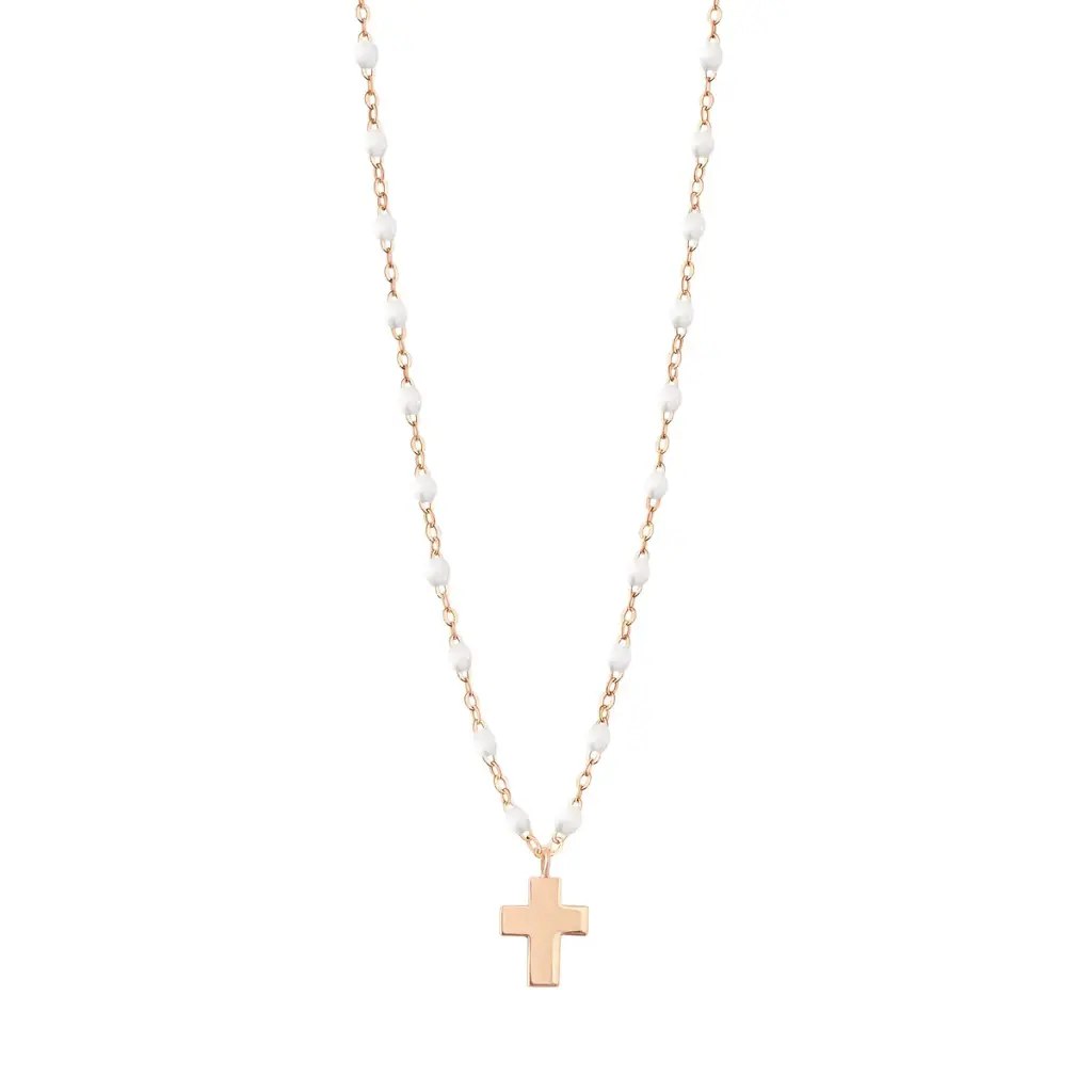 Cross Charm WHITE Necklace 42cm, 18ct Rose Gold - GIGI CLOZEAU