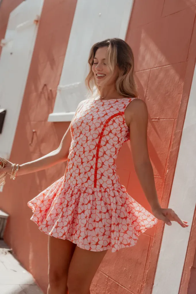 [MANON2] SUNDAY ST TROPEZ - Manon Embroidered Mini Dress Pink/Red (S)