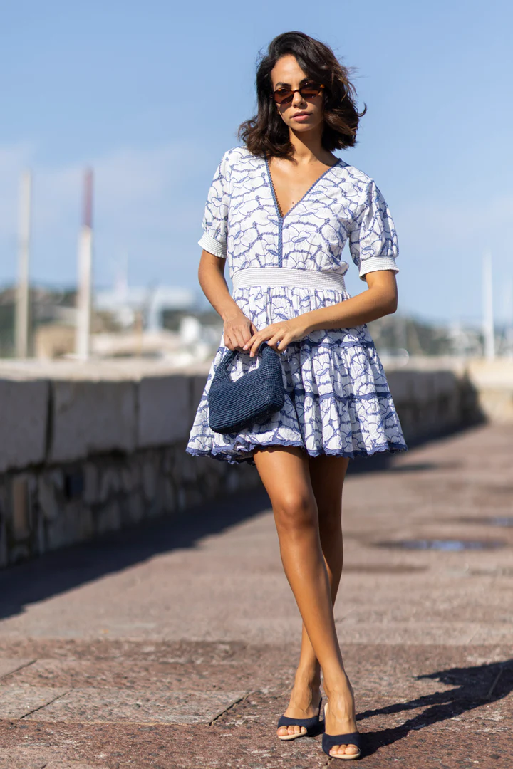 [GINETTE3] SUNDAY ST TROPEZ - Ginette Embroidered Mini Dress Blue (S)