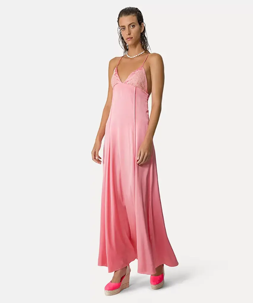 [12391_my dress] FORTE FORTE - Dress suspending from dainty straps in stretch silk satin with lace detailing