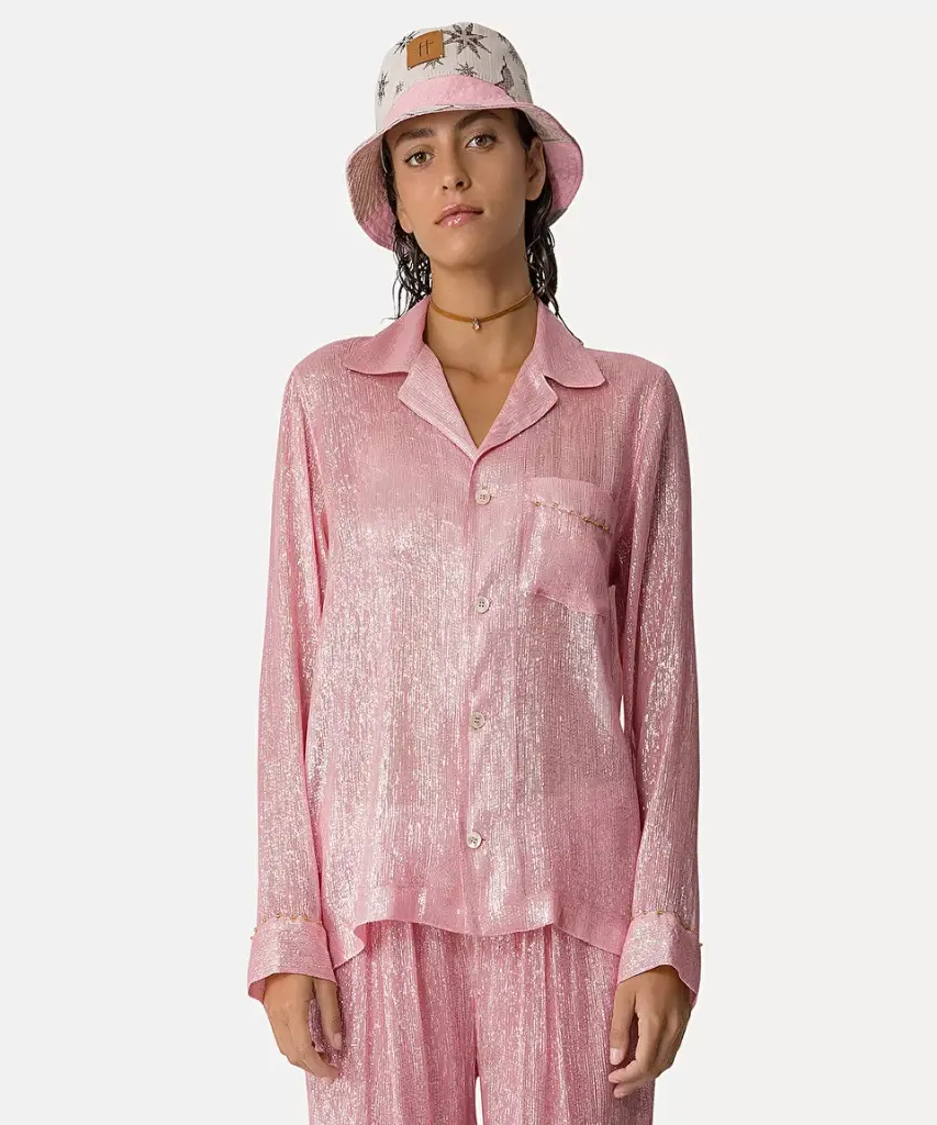 [12395_my shirt] FORTE FORTE - Pyjama shirt in silk chiffon and lurex with beadwork