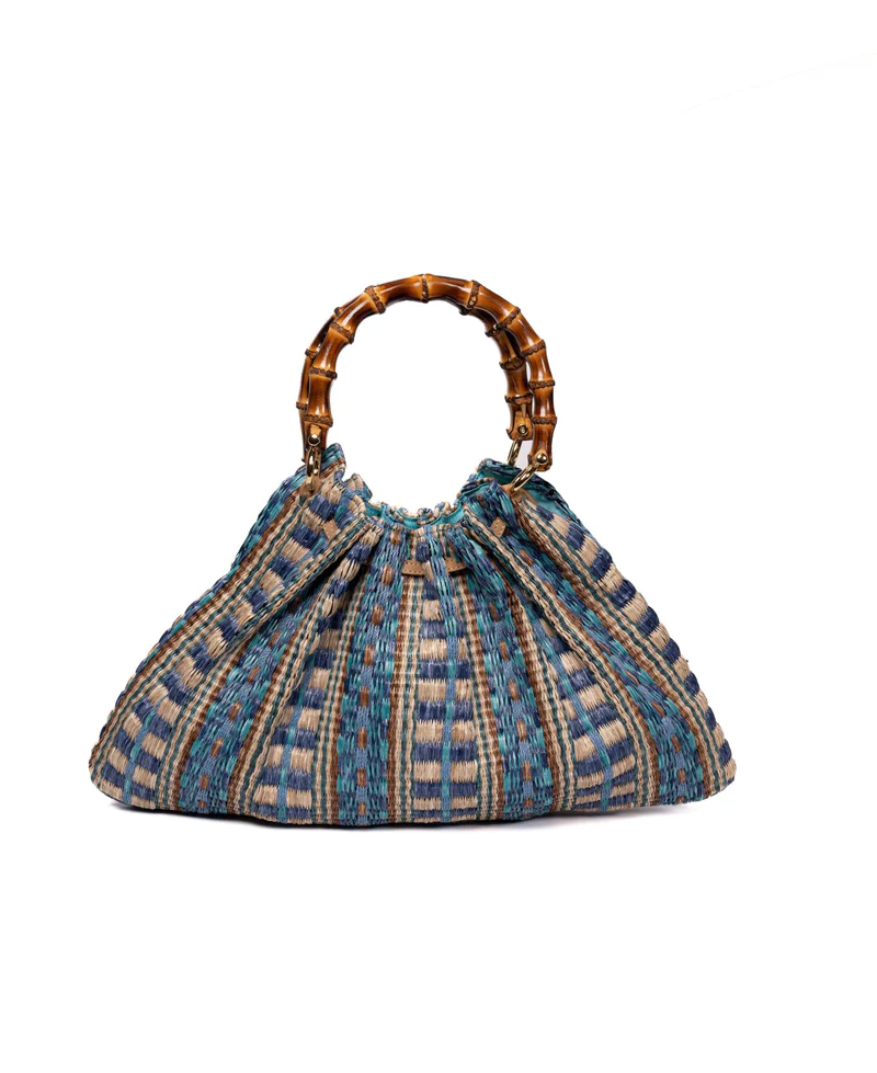 Caterina Raffia Bamboo Bag Aztec Pattern Azure - BIDINIS BAGS