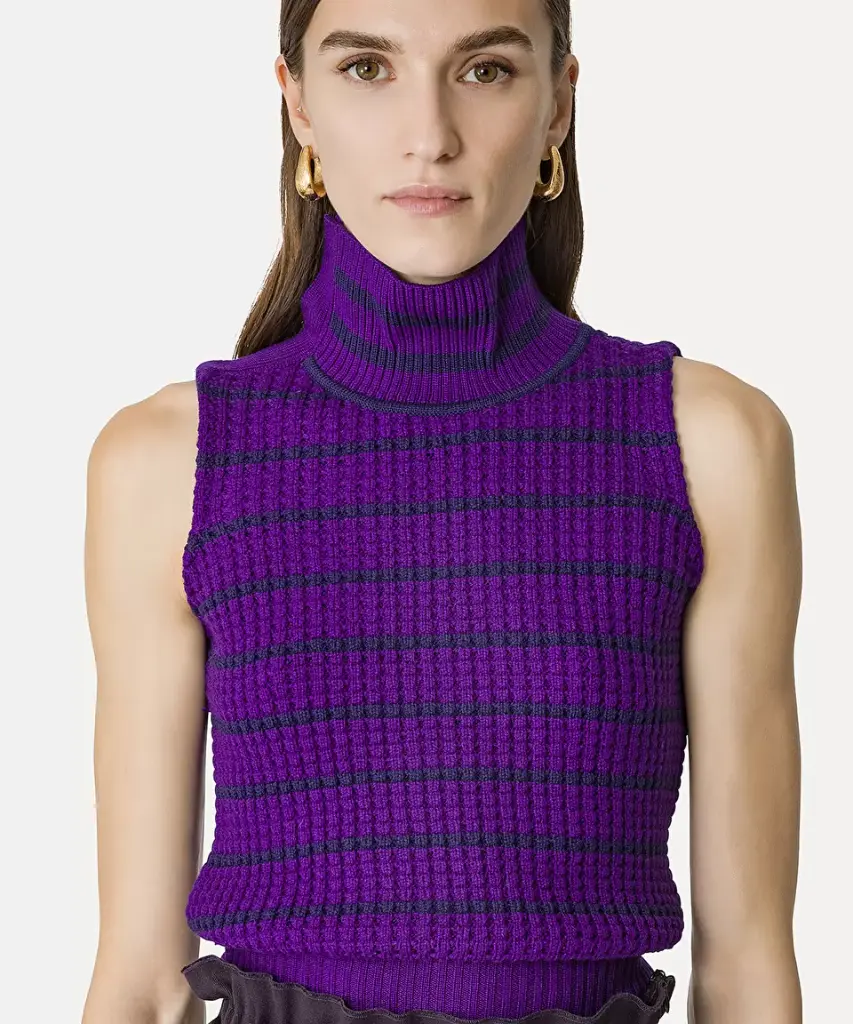 [12944_my knit] FORTE FORTE - High–Neck Waistcoat in Striped Merino Wool