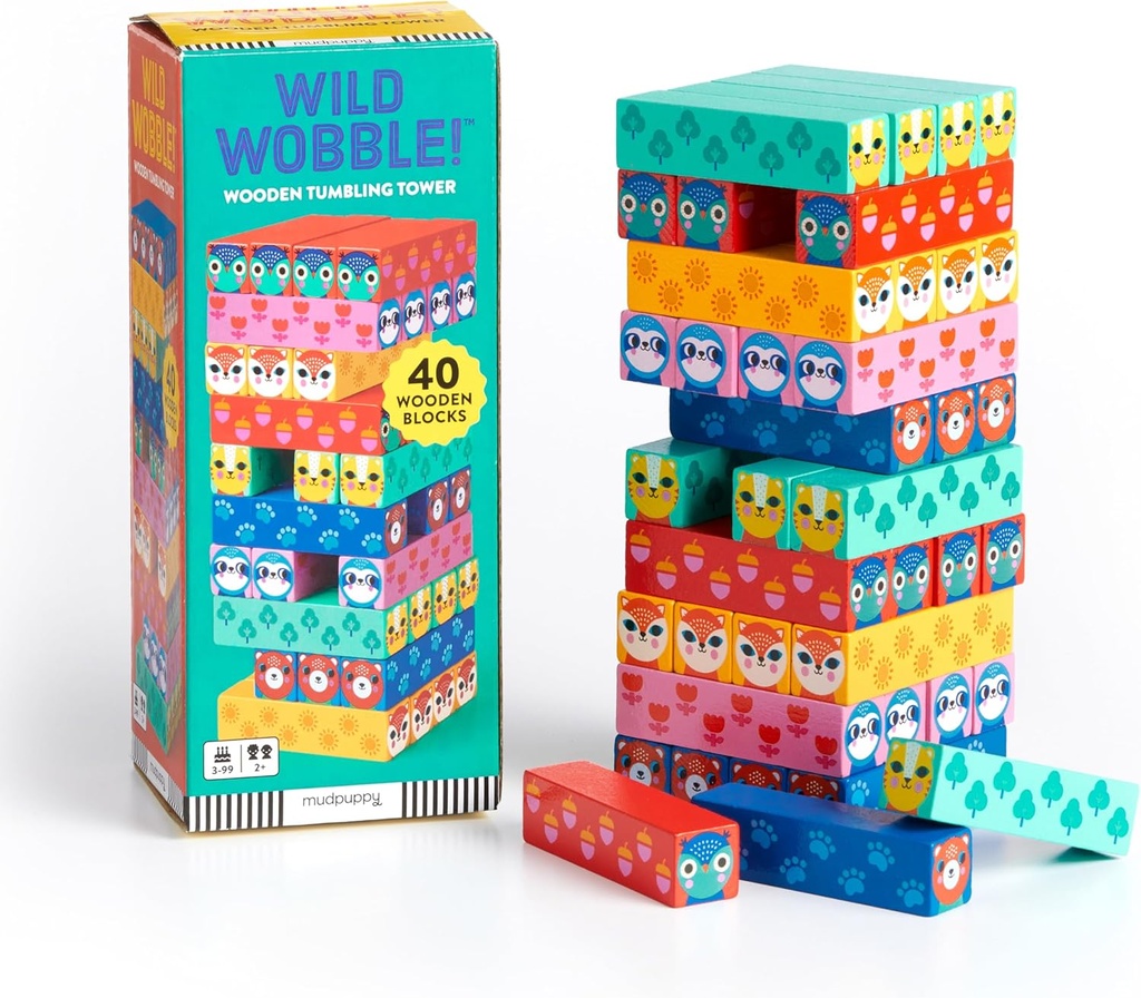Mudpuppy Wild Wobble! – Colorful Wooden Tumbling Tower Game, 4 Across