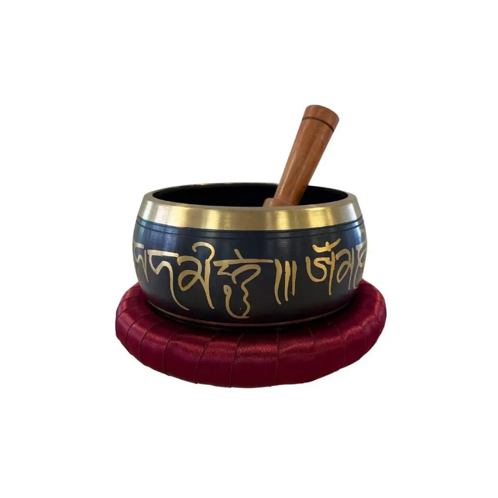 [70462] Black Singing Bowl Box with Om Engraving - Diameter 12 cm