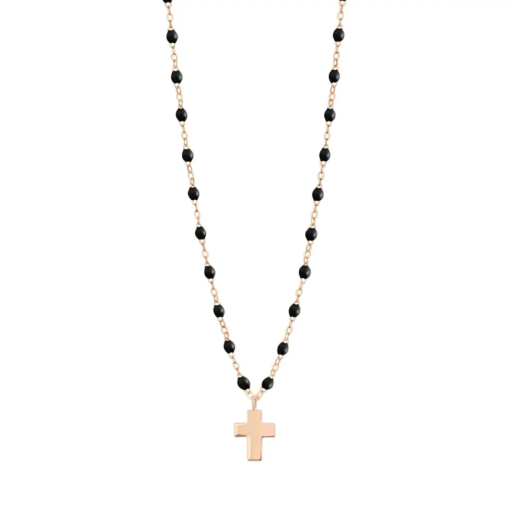 [B1CO001R2042XX] Cross Charm BLACK Necklace 42cm, 18ct Rose Gold - GIGI CLOZEAU