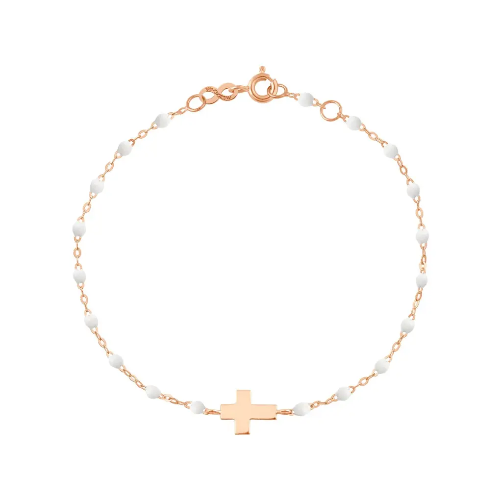 [B3CO001R0117XX] Cross Charm WHITE Bracelet 17cm, 18ct Rose Gold - GIGI CLOZEAU
