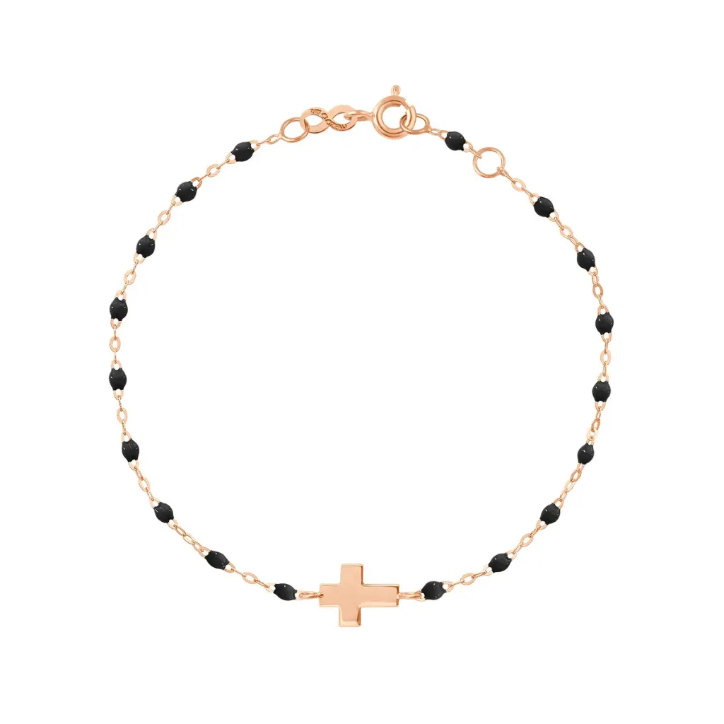 [B3CO001R2017XX] Cross Charm BLACK Bracelet 17cm, 18ct Rose Gold - GIGI CLOZEAU